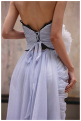 Purple A-Line Strapless Chiffon Pleated Long Prom Dress Chic Lace Graduation Prom Dress ED01695