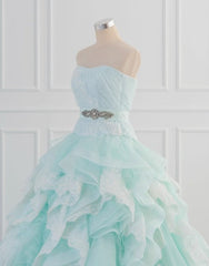 Light Blue A-Line Strapless Tulle Lace Long Prom Dress Vintage Wedding Dress ED01700