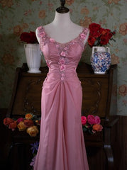 Gray Pink Retro Mermaid V-neck Chiffon Beaded Long Prom Dress Sweet Applique Birthday Dress ED01705