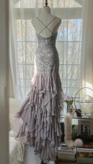 Purple Spaghetti Strap Bodycon Open Back Chiffon Sequin Long Prom Dress Adult Ceremony Dress with Appliques ED01720
