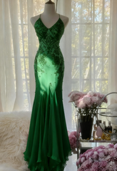 Mermaid Spaghetti Strap Chiffon Applique Long Prom Dresses with Scarf