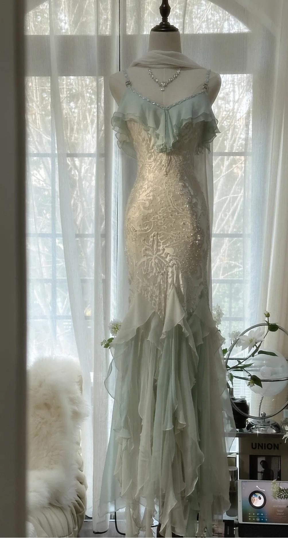 🎊Romantic Vintage Mint Green Prom Dress-Ruffled Chiffon &Beadwork Fairytale Mermaid Gown for Quinceanera&Events🍀  ED01725