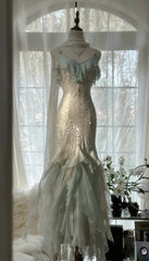 🎊Romantic Vintage Mint Green Prom Dress-Ruffled Chiffon &Beadwork Fairytale Mermaid Gown for Quinceanera&Events🍀  ED01725