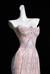 Pink Mermaid Strapless Tulle Diamond Long Prom Dress Sweet Wedding Dress Formal Dress ED01726
