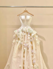 A-Line Spaghetti Strap Satin Long Prom Dress, Beautiful Applique Wedding Dress ED01729