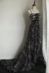 Mermaid Black Spaghetti Strap Chiffon Long Prom Skirt Polka Dot Evening Dress ED01731
