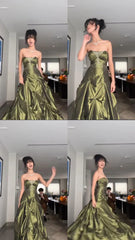 💚Pretty Forest Green A-Line Prom Dresses With Silver Beads -Sweet Princess Strapless Satin Evening Dress for  Birthday&Graduation ED01741