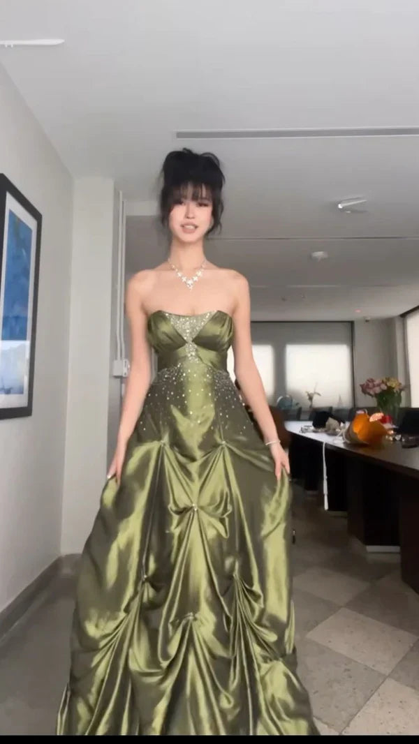 💚Pretty Forest Green A-Line Prom Dresses With Silver Beads -Sweet Princess Strapless Satin Evening Dress for  Birthday&Graduation ED01741