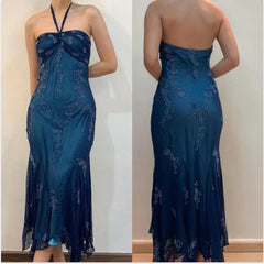 💃 Vintage Blue Tulle& Chiffon Prom Dress for Party&Graduation-90s Elegant Shinny Beaded  Evening Gown ED01743