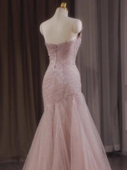 Pink Mermaid Strapless Tulle Sequined Long Prom Dress Sweet Wedding Dress ED01745