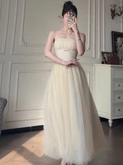 Off-White A-Line Spaghetti Strap Tulle Prom Dress Birthday Dress ED01749