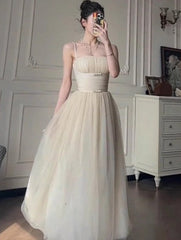 Off-White A-Line Spaghetti Strap Tulle Prom Dress Birthday Dress ED01749