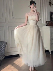 Off-White A-Line Spaghetti Strap Tulle Prom Dress Birthday Dress ED01749
