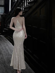 Silver Mermaid Spaghetti Strap Sequin Prom Dress Shimmer Evening Gown ED01753