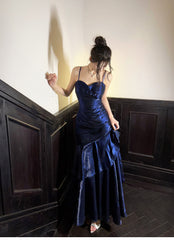 Elegant Mermaid Spaghetti Straps Blue Satin Long Prom Dresses Party Dress 21st Birthday Outfits Graduation Dresses DH2398