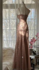 Elegant Blush Pink Spaghetti Strap Mermaid Tulle Sequin Long Prom Dress Beaded Graduation Prom Adult Ceremony Dress ED01763