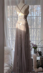 Gray Purple A-Line V Neck Tulle Lace Long Prom Dress Gorgeous Evening Dress ED01765