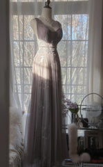 Gray Purple A-Line V Neck Tulle Lace Long Prom Dress Gorgeous Evening Dress ED01765