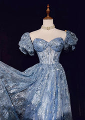 Blue A-Line Sweetheart Neck Tulle Sequin Long Prom Dress Exquisite Birthday Dress ED01766