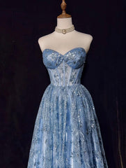 Blue A-Line Sweetheart Neck Tulle Sequin Long Prom Dress Exquisite Birthday Dress ED01766