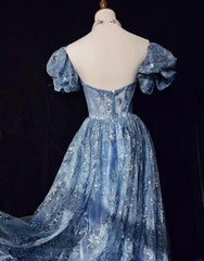 Blue A-Line Sweetheart Neck Tulle Sequin Long Prom Dress Exquisite Birthday Dress ED01766