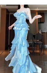 Blue Mermaid Strapless Long Ruffled Prom Dress ED01768