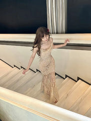 Flesh Pink Spaghetti Strap Mermaid Tulle Sequined Prom Dress Birthday Dress ED01771