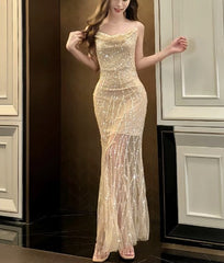 Flesh Pink Spaghetti Strap Mermaid Tulle Sequined Prom Dress Birthday Dress ED01771