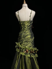 Dark Green Retro Mermaid Irregular Neckline Satin Beaded Long Prom Dress Birthday Graduation Prom Dress ED01776