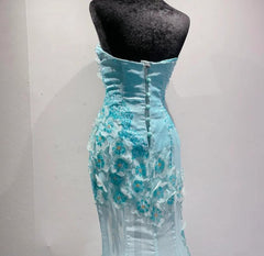 Ice Blue Ombre Mermaid Strapless Chiffon Long Wedding Dress with Appliques and Beading Formal Prom Dress ED01789