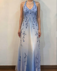 Vintage Gradient Purple Sheath Halter Neck Satin Prom Dress with Beaded Appliques ED01791