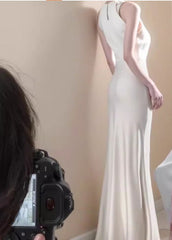 Off-white satin halter neck dress birthday engagement dress ED01802