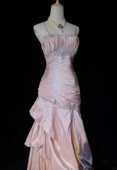 🩷Gentle Pink Mermaid Evening Dress Spaghetti Straps Satin  Layered Pleated Prom Dress with Beading ED01805