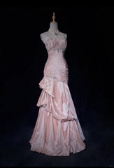 🩷Gentle Pink Mermaid Evening Dress Spaghetti Straps Satin  Layered Pleated Prom Dress with Beading ED01805