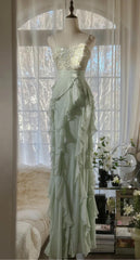 Chiffon Sheath Spaghetti Strap Ruffled Prom Dress with Beading Evening Dress ED01806