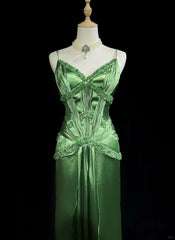 Green Spaghetti Strap Sheath Satin Beaded Prom Dress Evening Gown ED01808