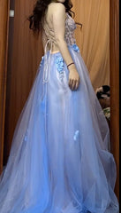 Backless A-Line Spaghetti Strap Tulle Applique Long Prom Dress Sweet Evening Dress ED01824