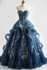 A-Line  Sweetheart Neck Tulle Long Prom Dress Vintage Strapless Beaded Evening Gown ED01827