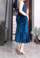 Elegant Blue Pleated Mermaid Satin Open Back Prom Dress Birthday Dress ED01833