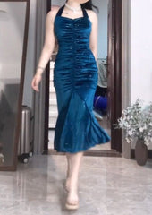 Elegant Blue Pleated Mermaid Satin Open Back Prom Dress Birthday Dress ED01833