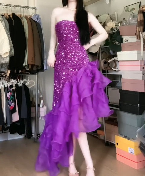 Purple  Mermaid Sequined Strapless Tulle Ball Gown Evening DressED01835