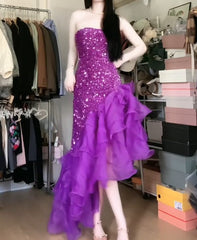 Purple  Mermaid Sequined Strapless Tulle Ball Gown Evening DressED01835