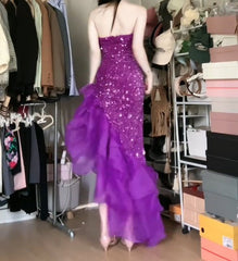 Purple  Mermaid Sequined Strapless Tulle Ball Gown Evening DressED01835