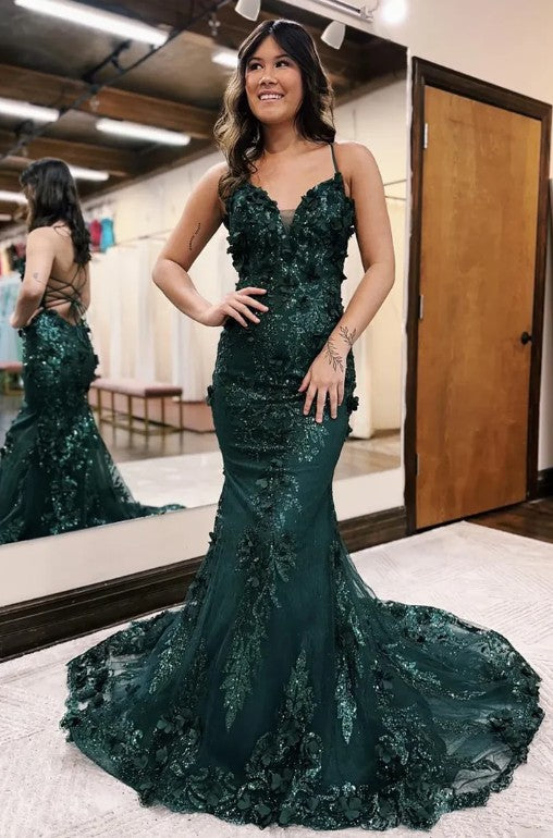 Dark Green Mermaid Spaghetti Straps Tulle Sequins Long Prom Dress With Appliques Evening Gown ED01847