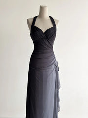 Sparkling Gradient Dark Gray Halter Neck Ruffle Sheath Prom Dress Birthday Dress ED01851