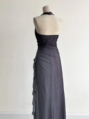 Sparkling Gradient Dark Gray Halter Neck Ruffle Sheath Prom Dress Birthday Dress ED01851