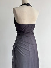 Sparkling Gradient Dark Gray Halter Neck Ruffle Sheath Prom Dress Birthday Dress ED01851