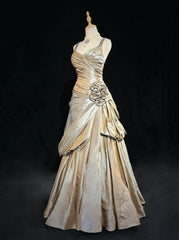 Sparkling A-Line V-neck Satin Backless Long Prom Dress Formal Evening Dress Graduation Prom Dress ED01853