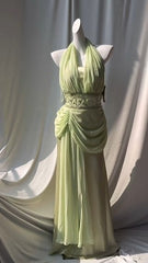 Retro Light Green V-neck Chiffon Beaded Sequins Floor-length Prom Dress Beautiful Birthday Evening Dress ED01861