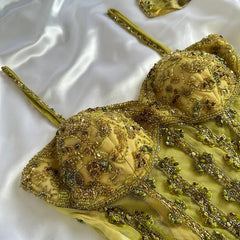 Vintage Gold Spaghetti Strap Chiffon Bodycon Dress Beaded Ball Dress with Scarf ED01866